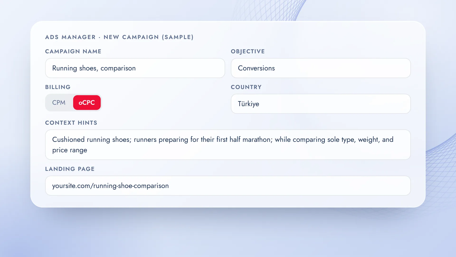 Ads Manager new campaign form: campaign name, objective, CPC bid, Türkiye, context hints, landing page
