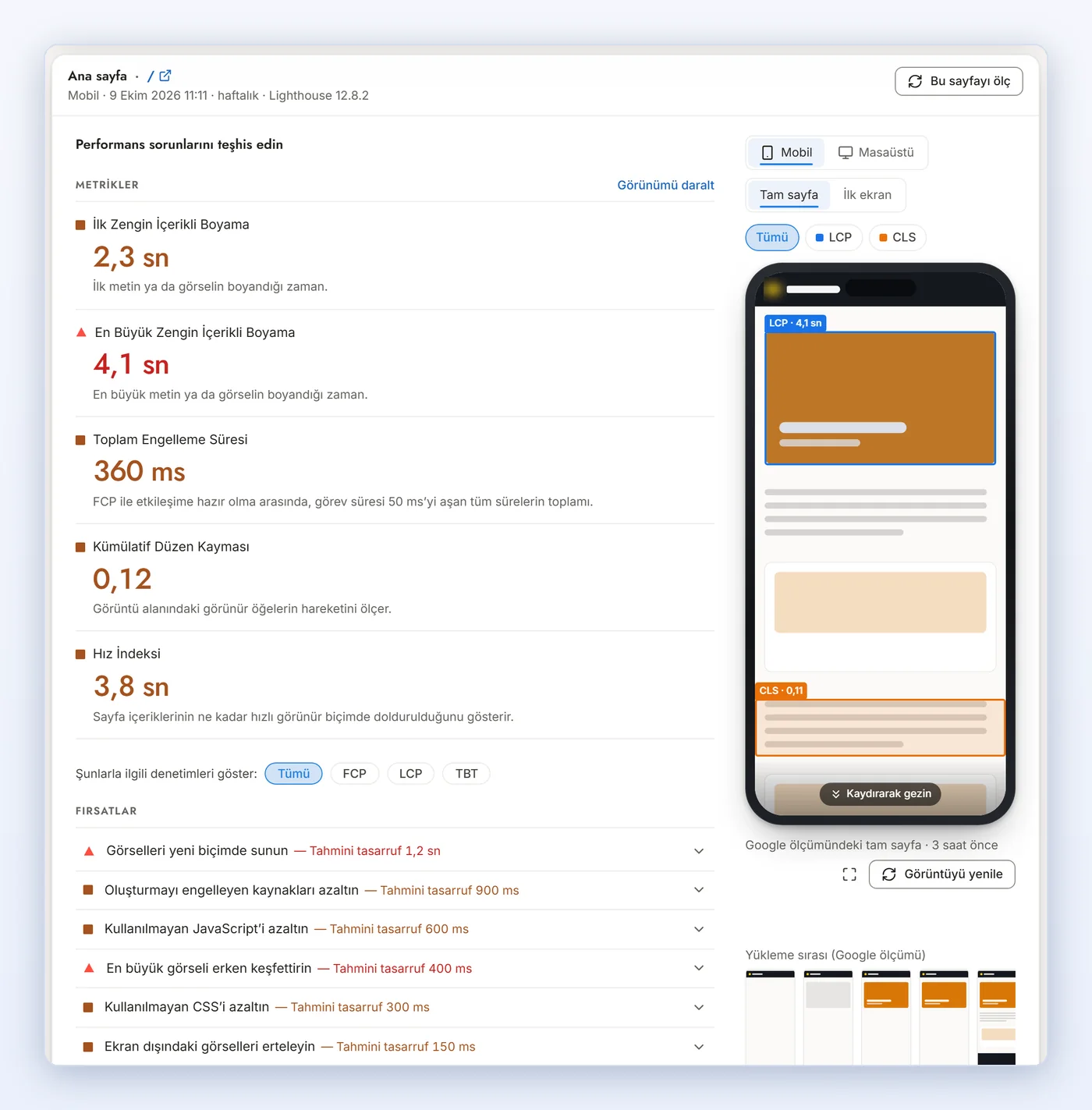markention app Speed screen: FCP, LCP, TBT, CLS and Speed Index values with estimated-savings opportunities on the left, and on the right a full-page screenshot in a phone frame with the LCP element and the shifting block marked