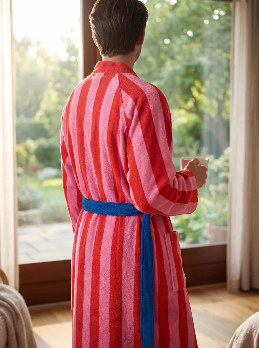 By the window in the striped, blue-belted bathrobe, seen from behind