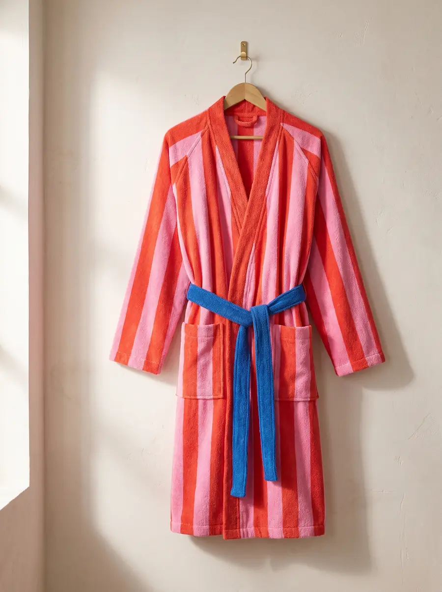 The striped, blue-belted bathrobe on a hanger