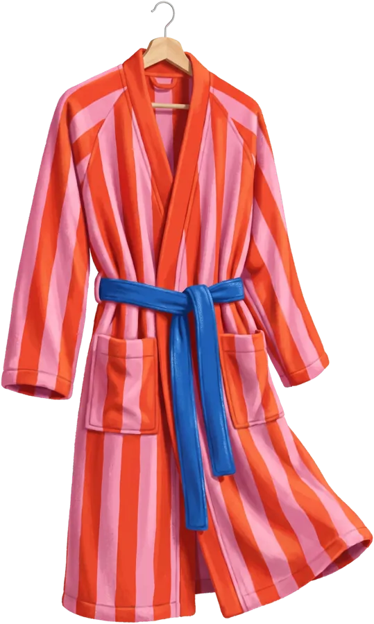 A wide red-and-pink striped bathrobe with a blue belt, swinging on a hanger