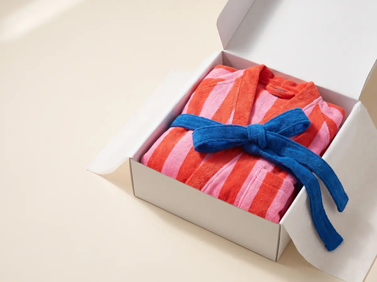 The striped, blue-belted bathrobe folded in a gift box