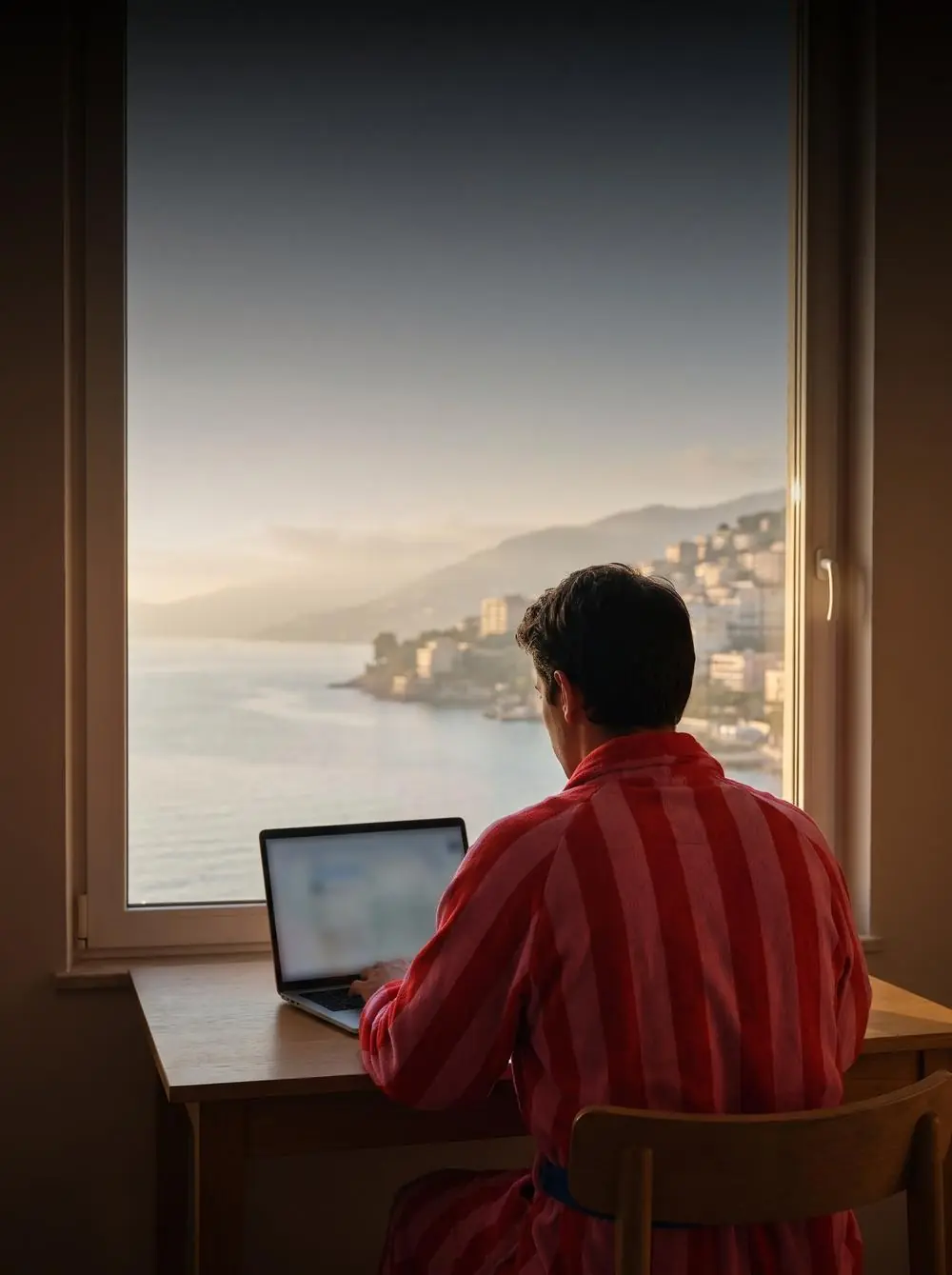 A teammate working on a laptop by the window, seen from behind