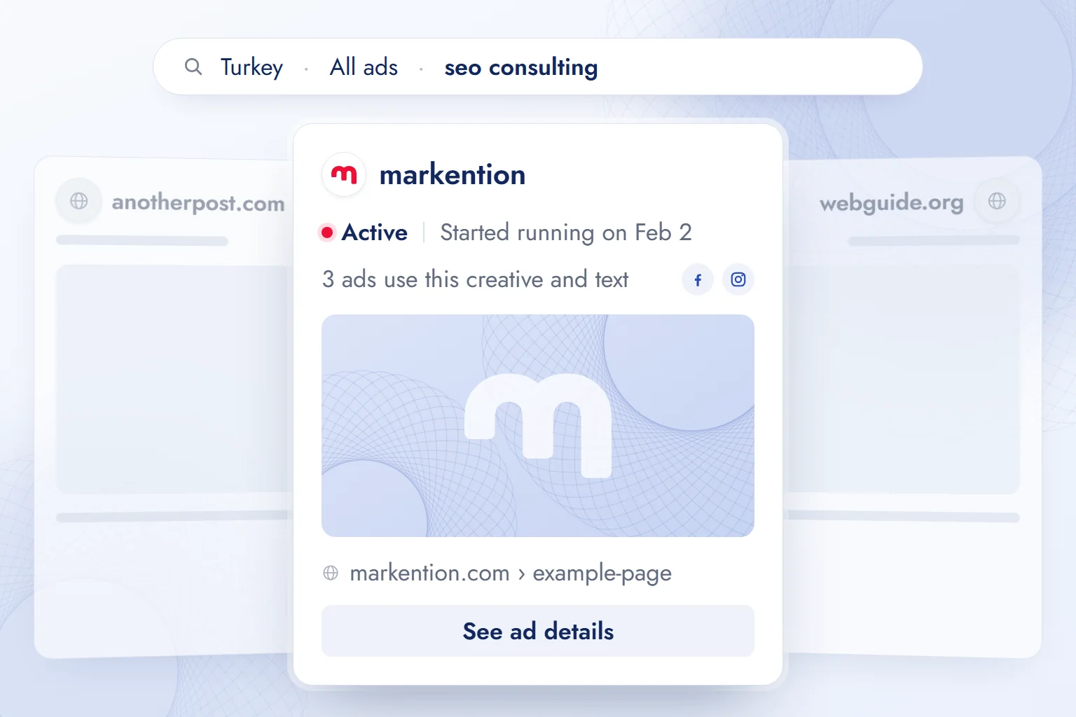A single ad card in the Meta Ad Library showing the advertiser, active label, start date, platform icons and the number of ads using the same creative.