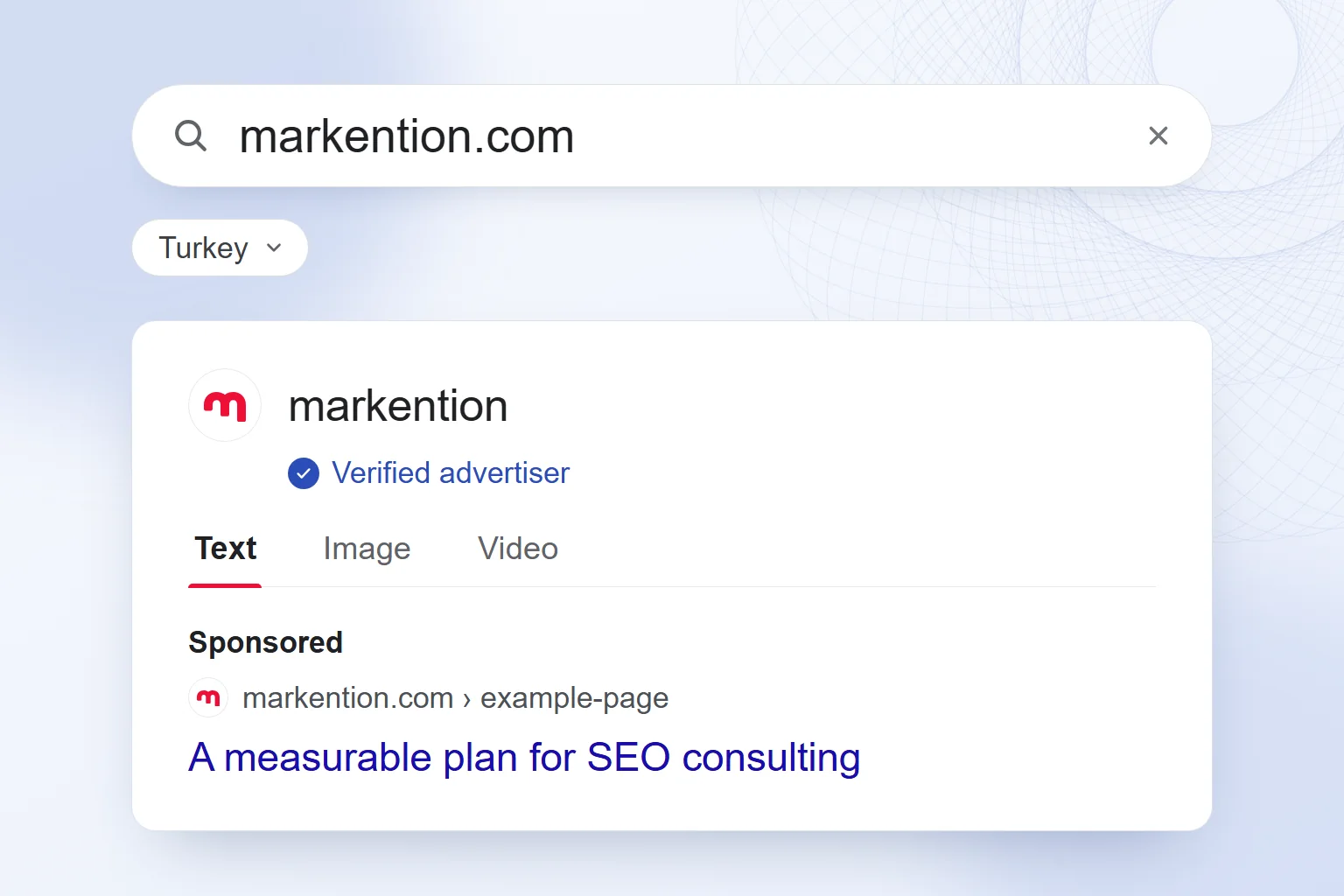 A domain search in the Google Ads Transparency Center: a verified advertiser card with text, image and video format tabs.