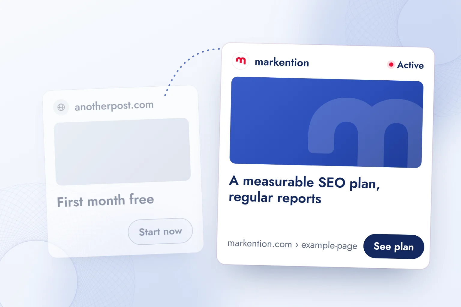 On the left, the promise of the competitor ad we read; on the right, a markention test ad that meets the same need with a different promise, a single-variable test rather than a copy.