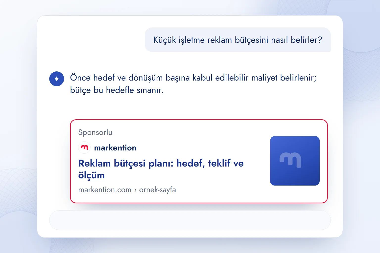 ChatGPT yanıtının altında ayrı “Sponsorlu” birimde markention reklamı.