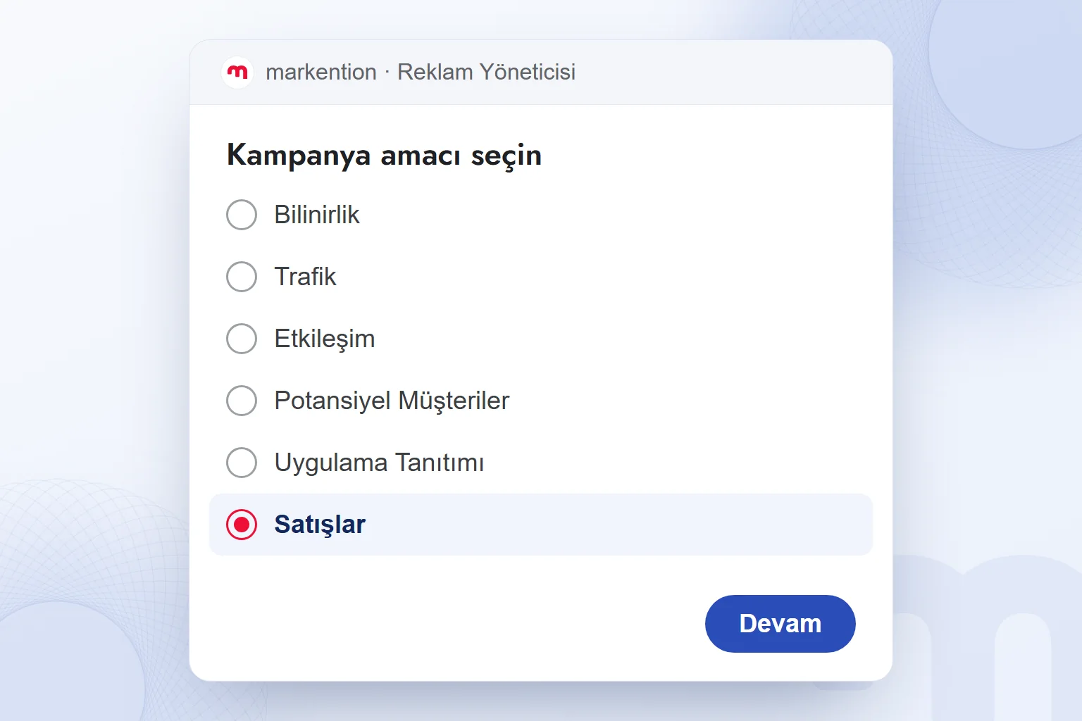 Meta Reklam Yöneticisi’nde kampanya amacı seçimi; Satışlar seçili.