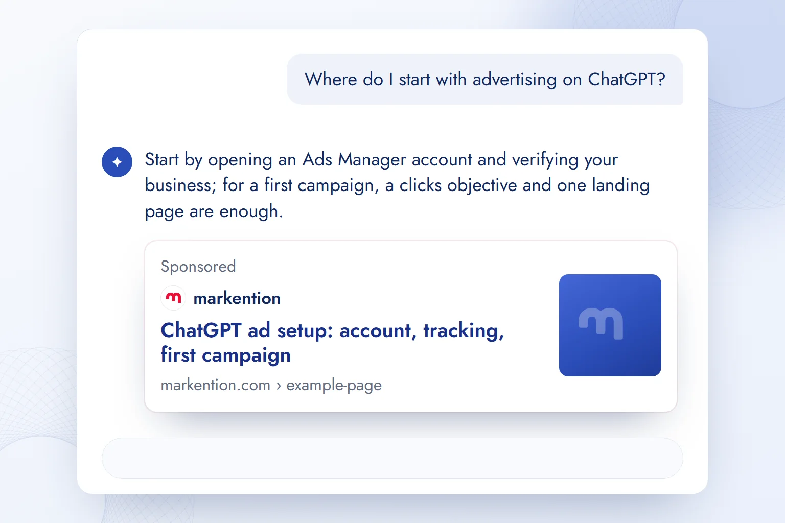 A markention ad shown in a separate unit labeled “Sponsored” below a ChatGPT answer, kept apart from the answer text.
