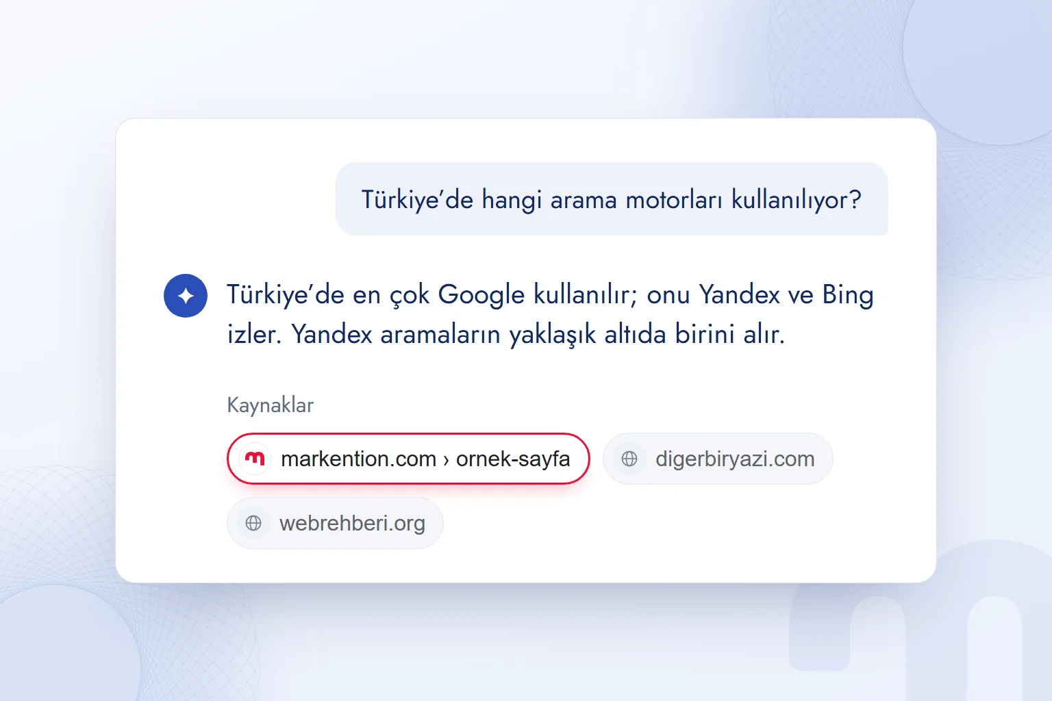 Yapay zekâ yanıtında Türkiye’de kullanılan arama motorları ve Yandex’in payı; altında kaynak olarak ilk sırada gösterilen markention.com.