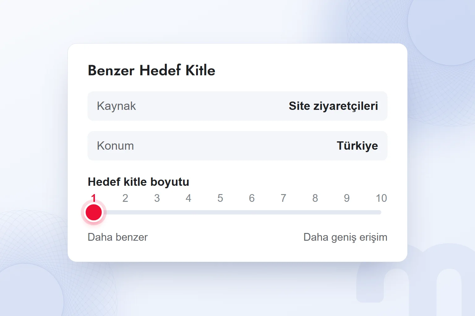 Meta’da benzer hedef kitle boyutu: yüzde 1 ile 10 arası ölçek, yüzde 1 seçili.