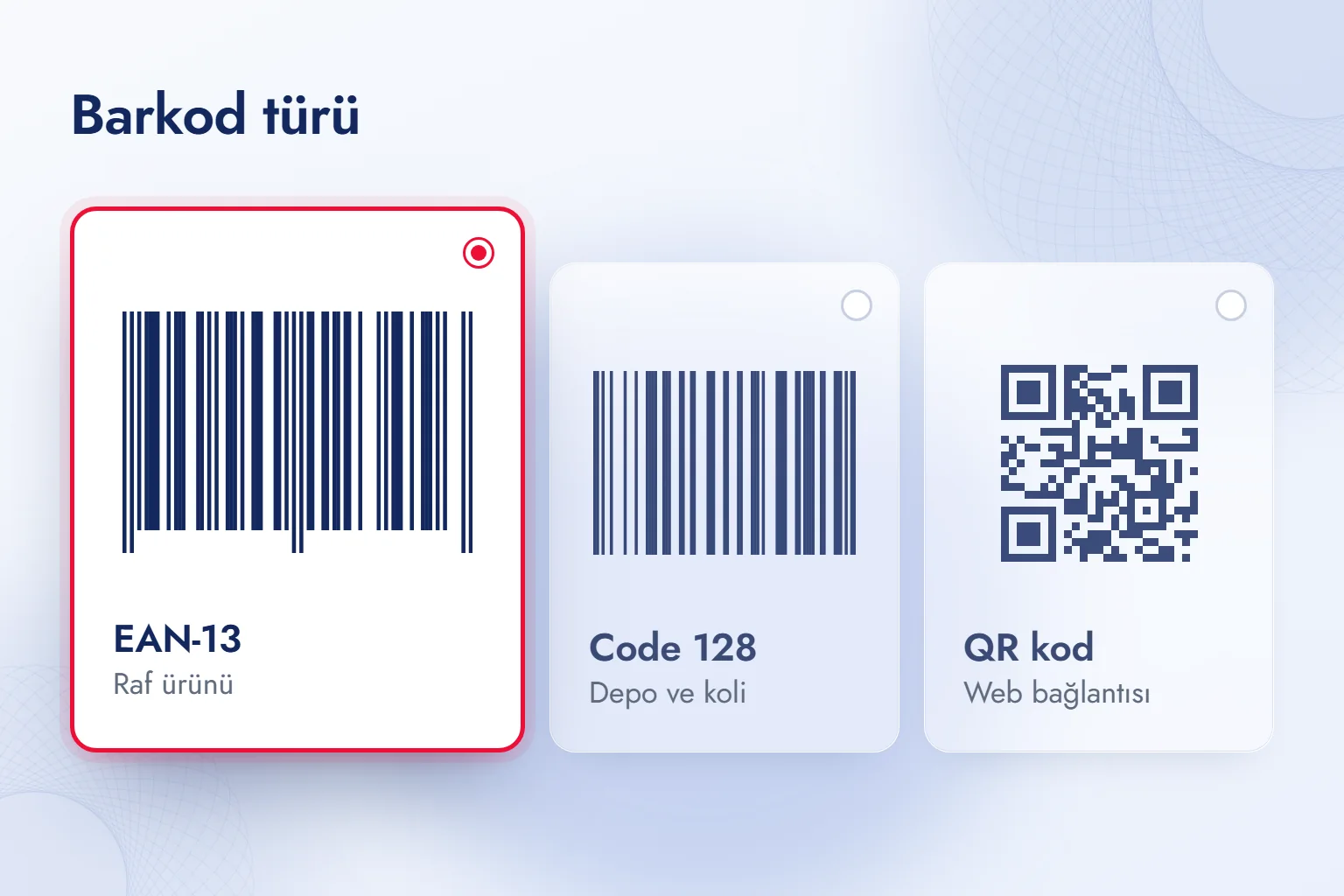 Barkod türü seçicisinde EAN-13, Code 128 ve QR kod seçenekleri; raf ürünü için EAN-13 seçili.