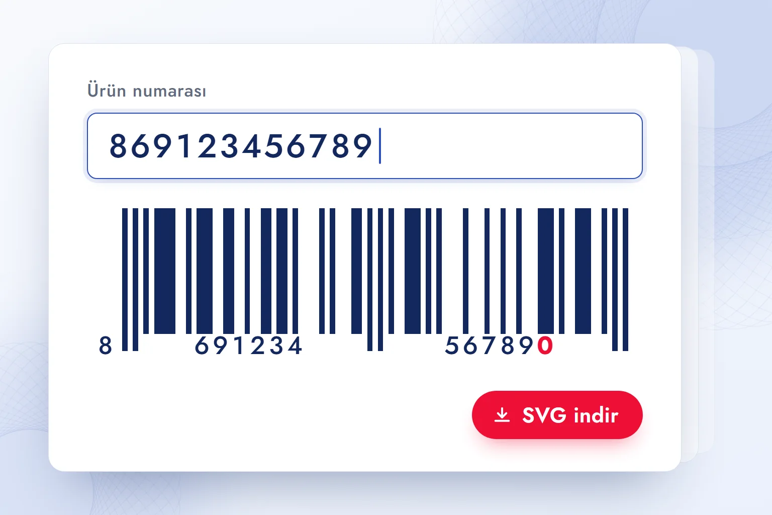 Ürün numarası alanına girilen 12 hanenin altında canlı EAN-13 önizlemesi ve aracın hesapladığı kırmızı kontrol hanesi.