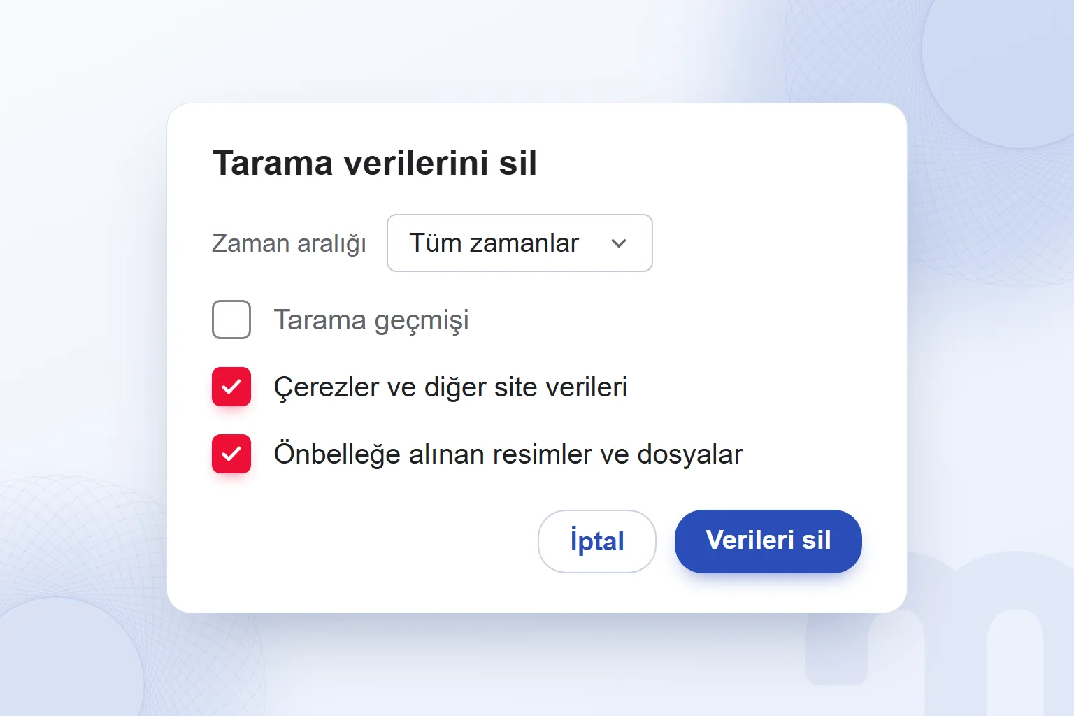 Chrome’da Tarama verilerini sil penceresi; Tüm zamanlar, çerezler ve önbelleğe alınan dosyalar seçili.