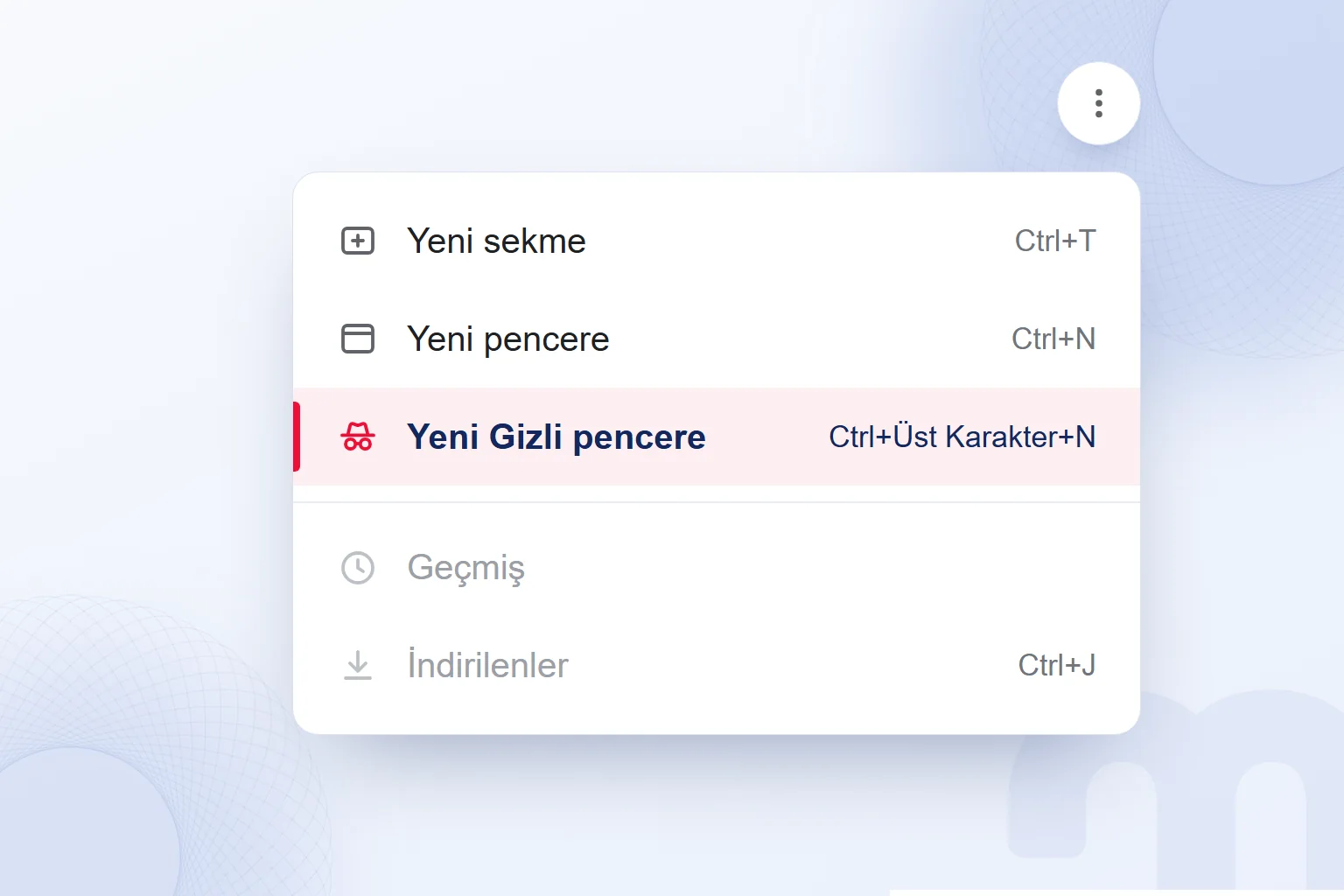 Chrome menüsünde Yeni Gizli pencere seçeneği ve kısayolu.