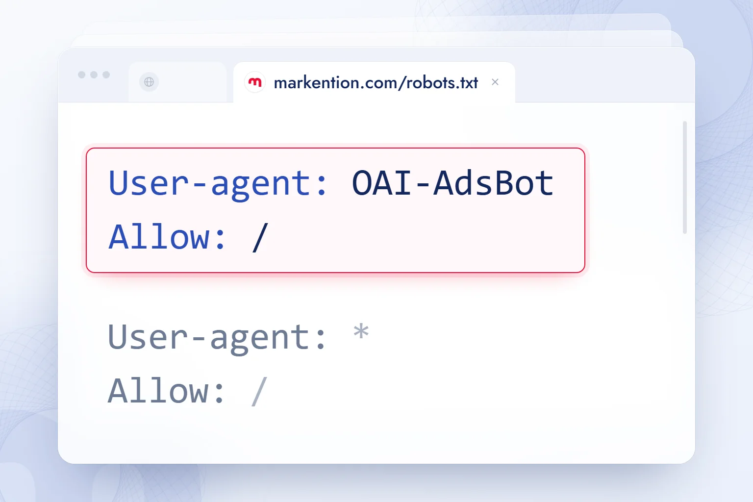 robots.txt dosyasında OpenAI reklam botuna açık erişim: “User-agent: OAI-AdsBot” ve “Allow: /” satırları vurgulu.