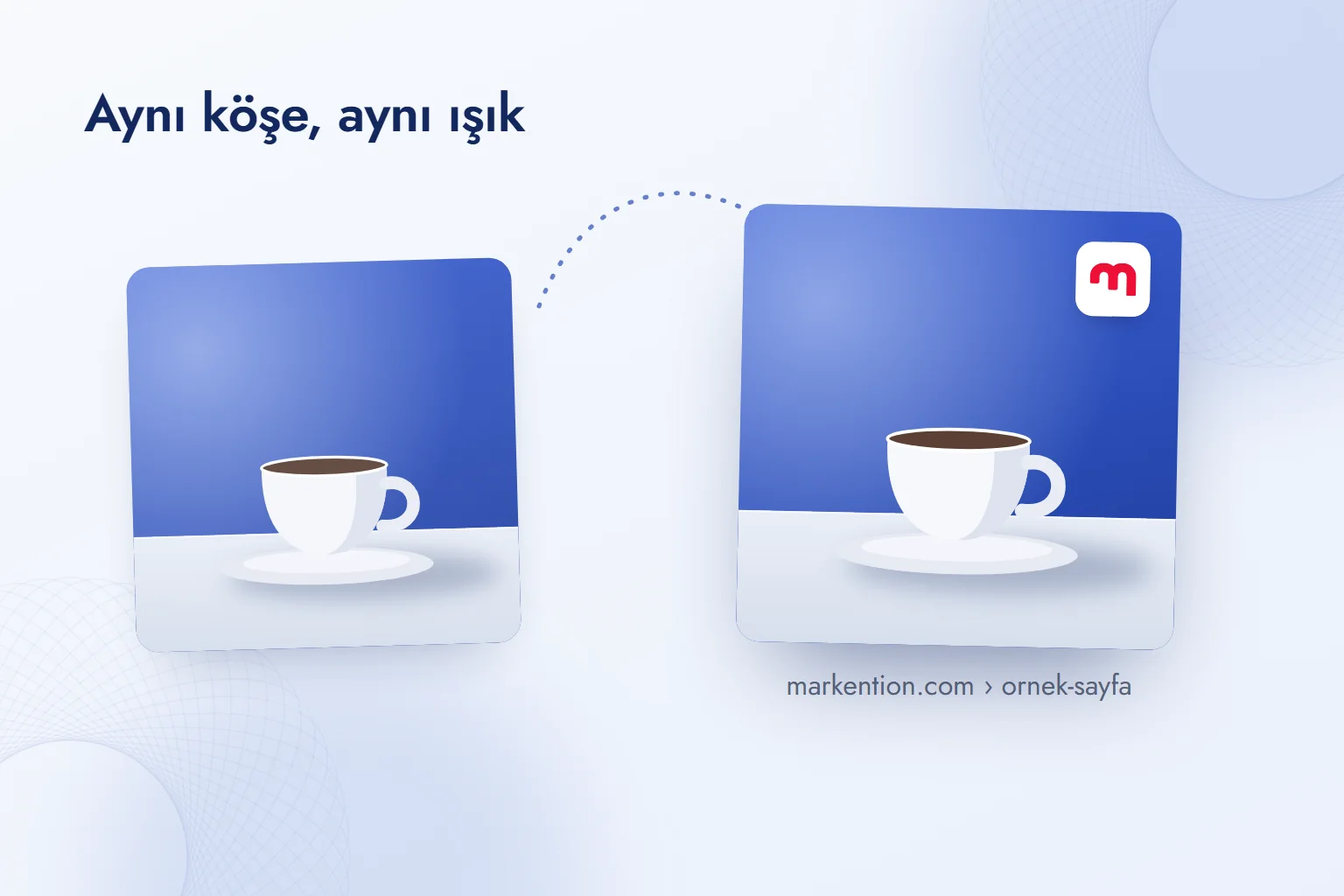 Aynı ürün görseli yan yana: solda üreticiden çıkan hâli, sağ üst köşesi boş; sağda aynı köşeye tasarım aracında eklenen kırmızı m logosu.