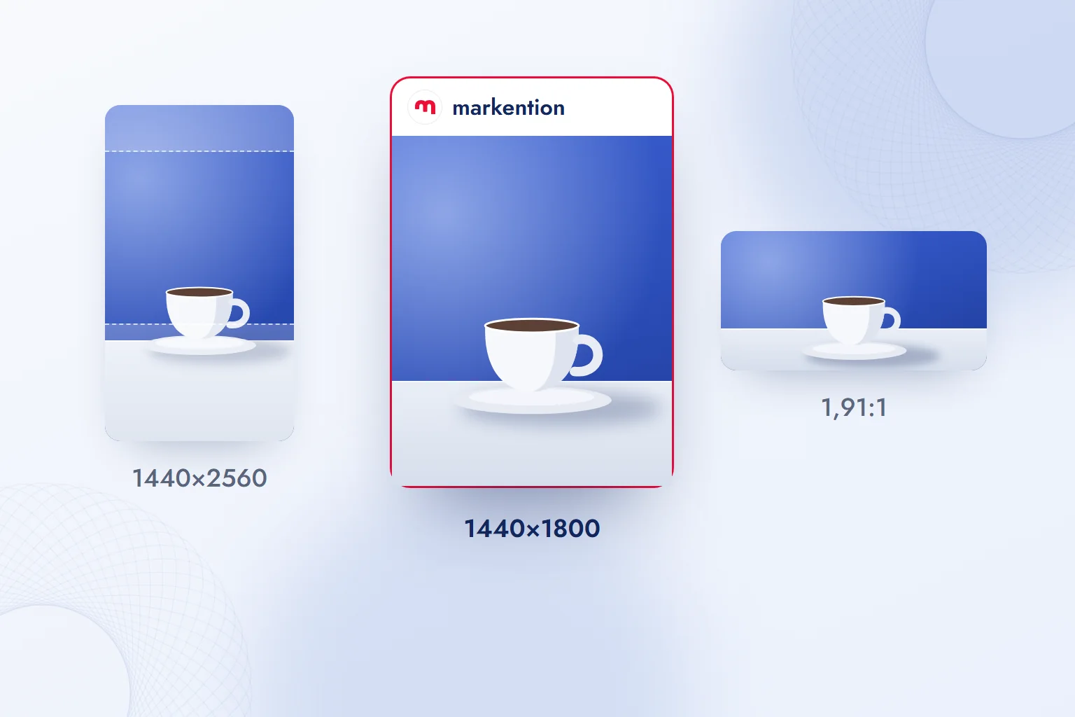 Tek ürün görselinin üç reklam yerleşimindeki kesimi: 1440×1800 akış çerçevesi seçili, yanında 1440×2560 dikey ve 1,91:1 yatay çerçeveler.