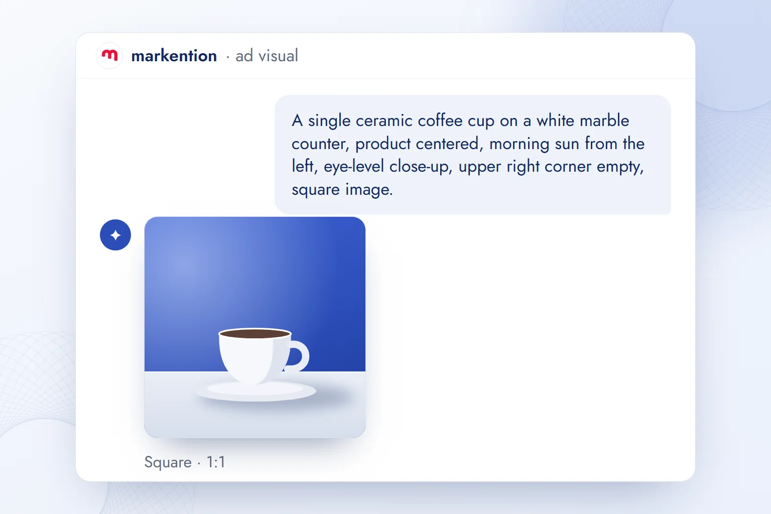 A chat window shows a five-part ad image prompt above the generated square image of a coffee cup with an empty upper right corner.