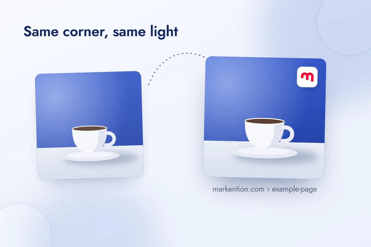 The same coffee cup image shown before and after a red m logo is placed in its empty upper right corner.