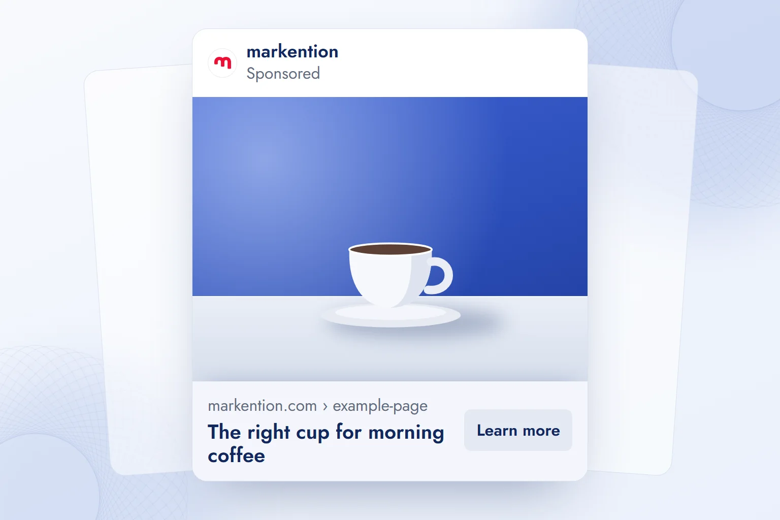 A Meta feed ad preview with a text-free product image, while the destination address, headline, and button sit in the ad copy fields below.