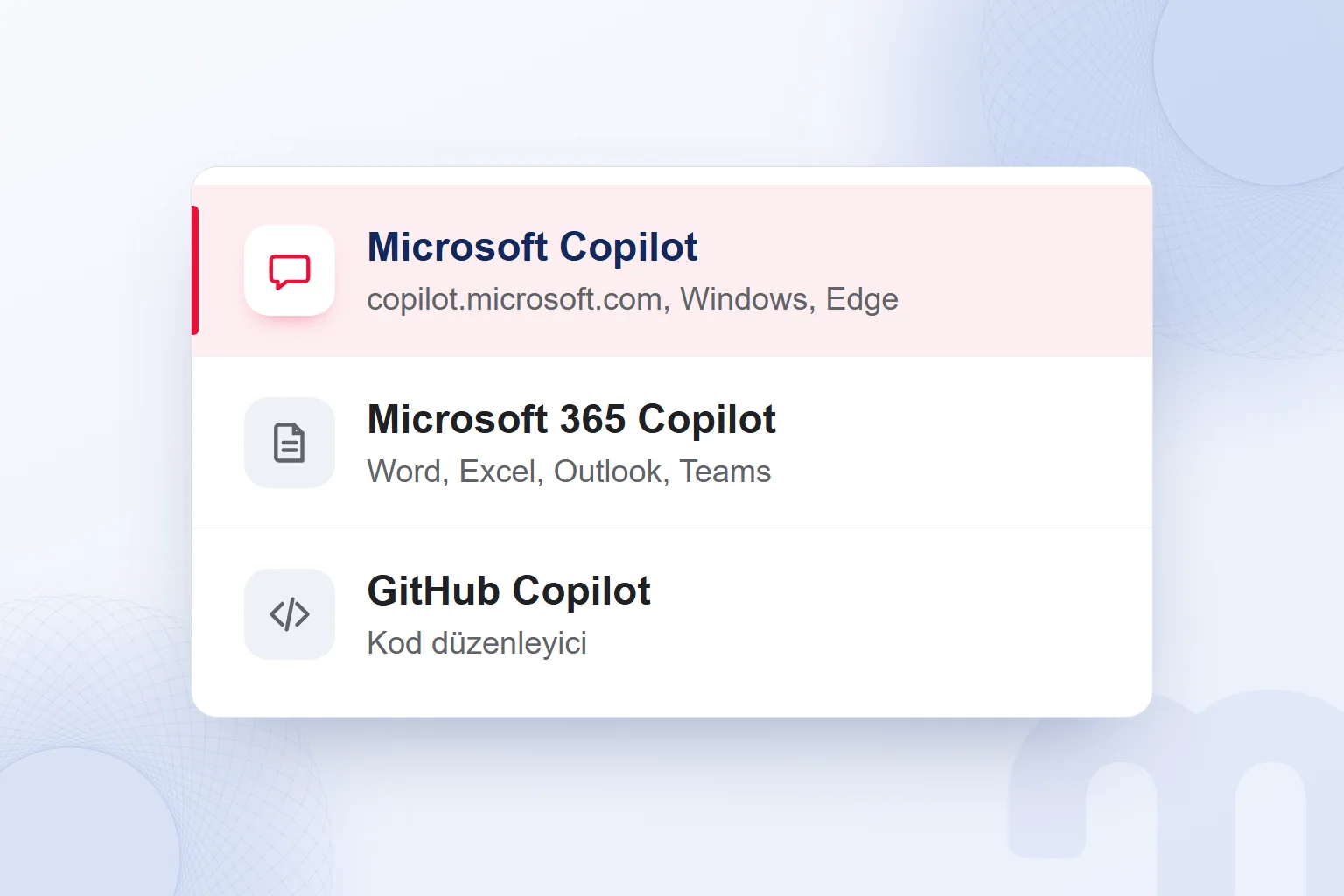 Copilot adını taşıyan üç ürün: Microsoft Copilot seçili, Microsoft 365 Copilot ve GitHub Copilot.