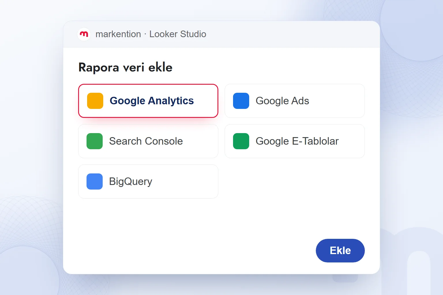 Looker Studio’da rapora veri ekleme penceresi; Google Analytics bağlayıcısı seçili.
