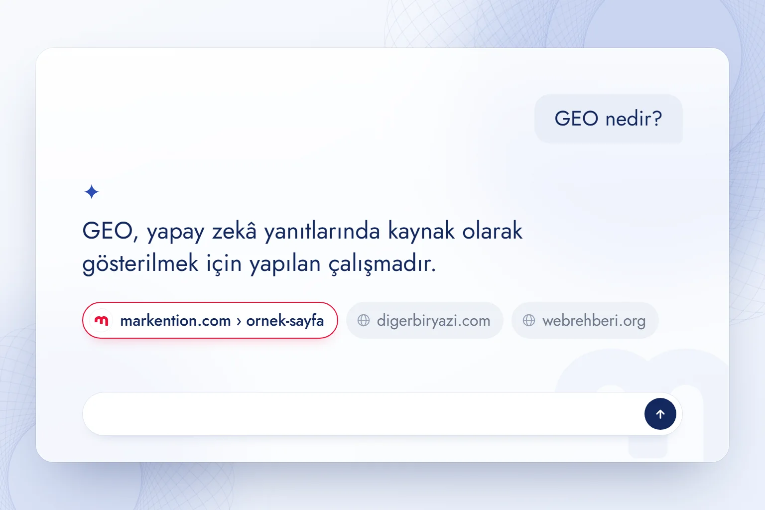 Yapay zekâ asistanına sorulan “GEO nedir?” sorusuna verilen tek cümlelik yanıt ve altında kaynak olarak gösterilen markention.com çipi.