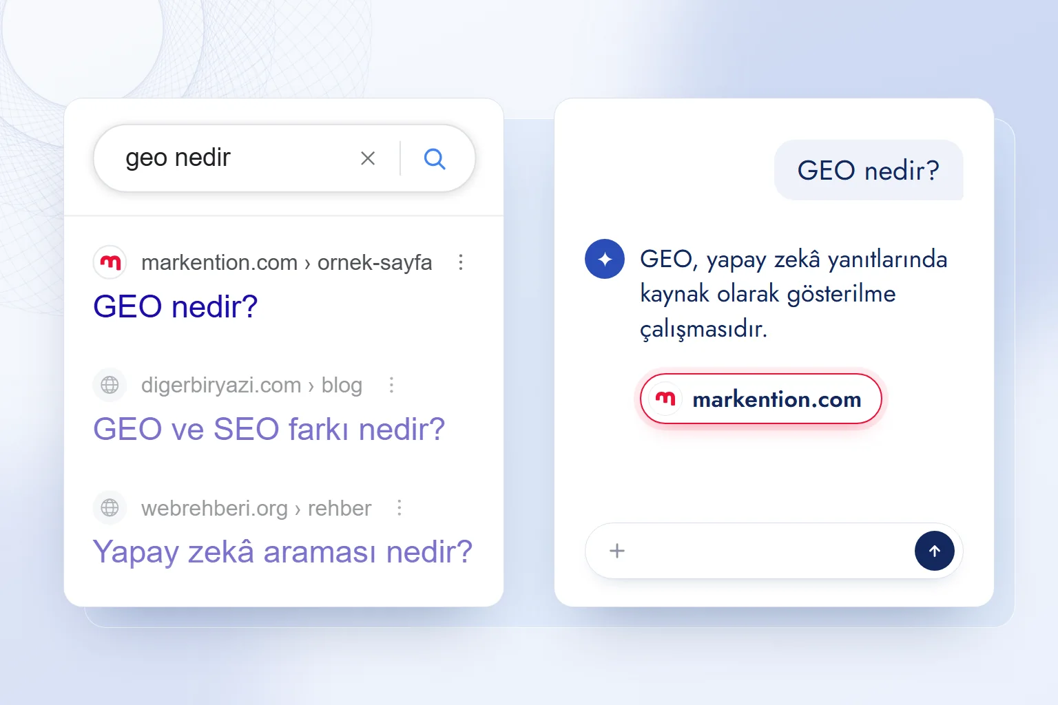 Aynı sorgu için iki ekran: solda Google sonuç listesinde birinci sıra, sağda yapay zekâ yanıtında kaynak çipi; ikisinde de markention.com.