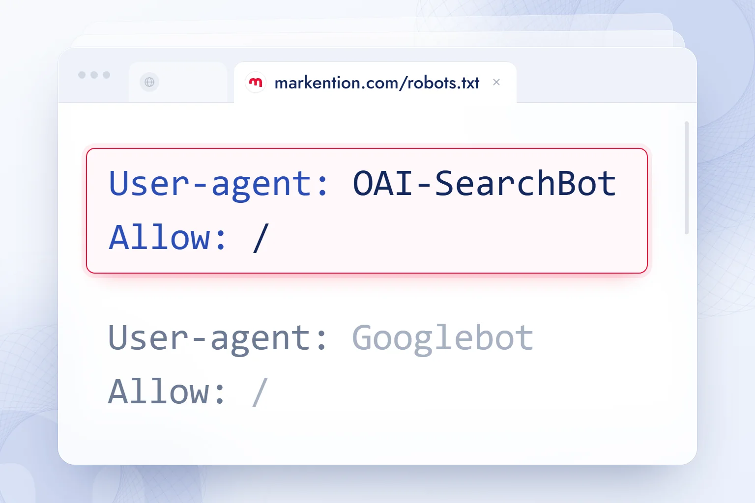 robots.txt dosyasında yapay zekâ arama botuna açık erişim satırı; “User-agent: OAI-SearchBot” ve “Allow: /” satırları vurgulu.