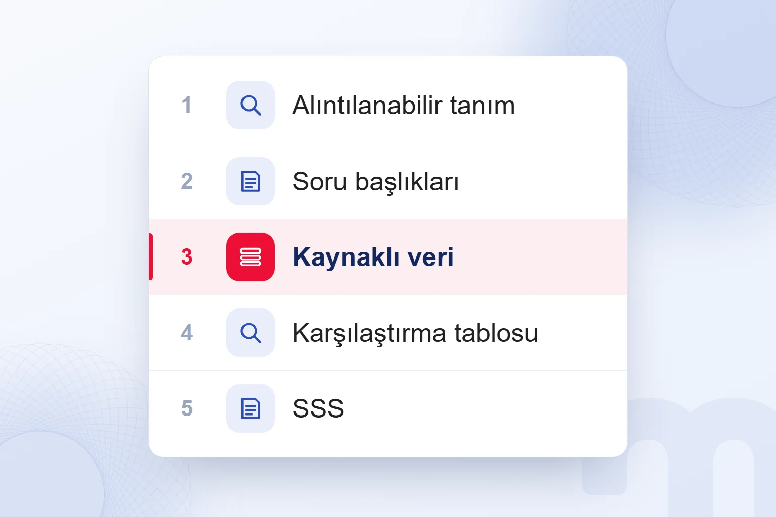 Yapay zekâ yanıtlarına kaynak olmaya uygun beş içerik biçimi; kaynaklı veri vurgulu.