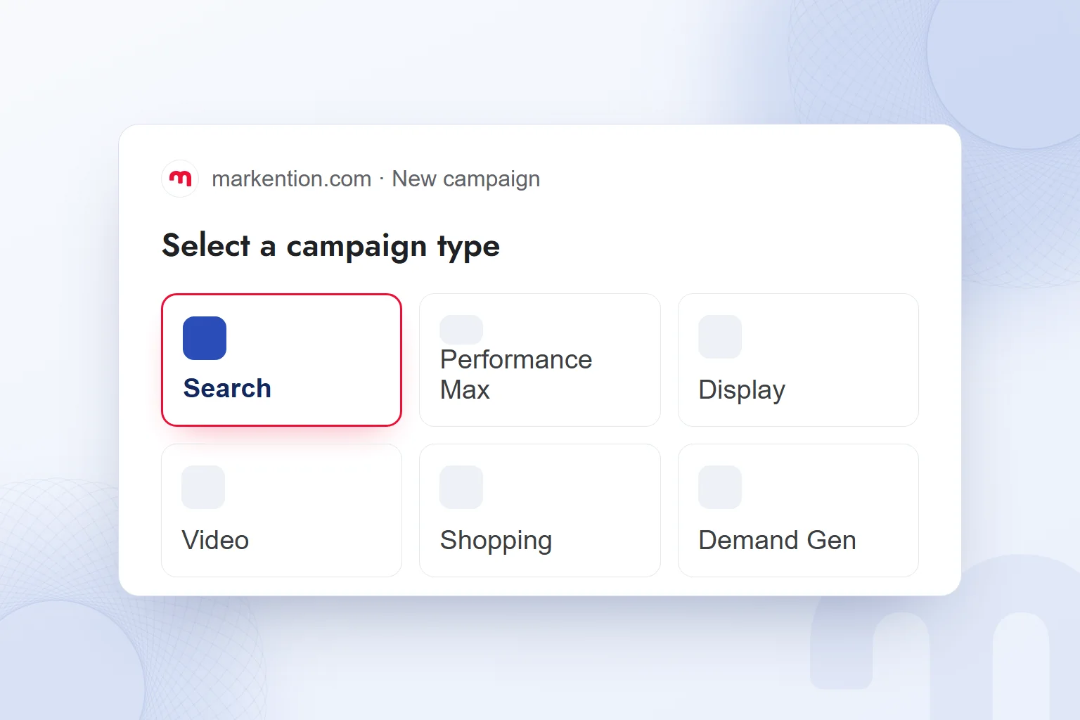 Campaign type selection in Google Ads with the Search campaign selected.