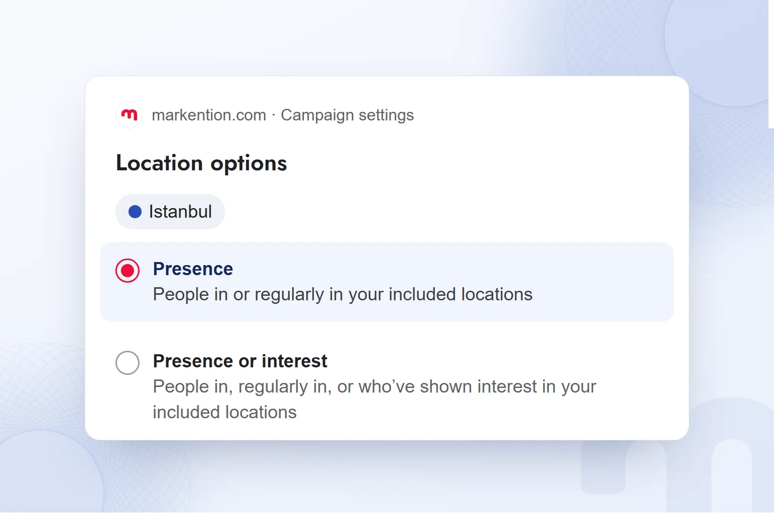 The Presence option selected in location settings: people in or regularly in the included locations.