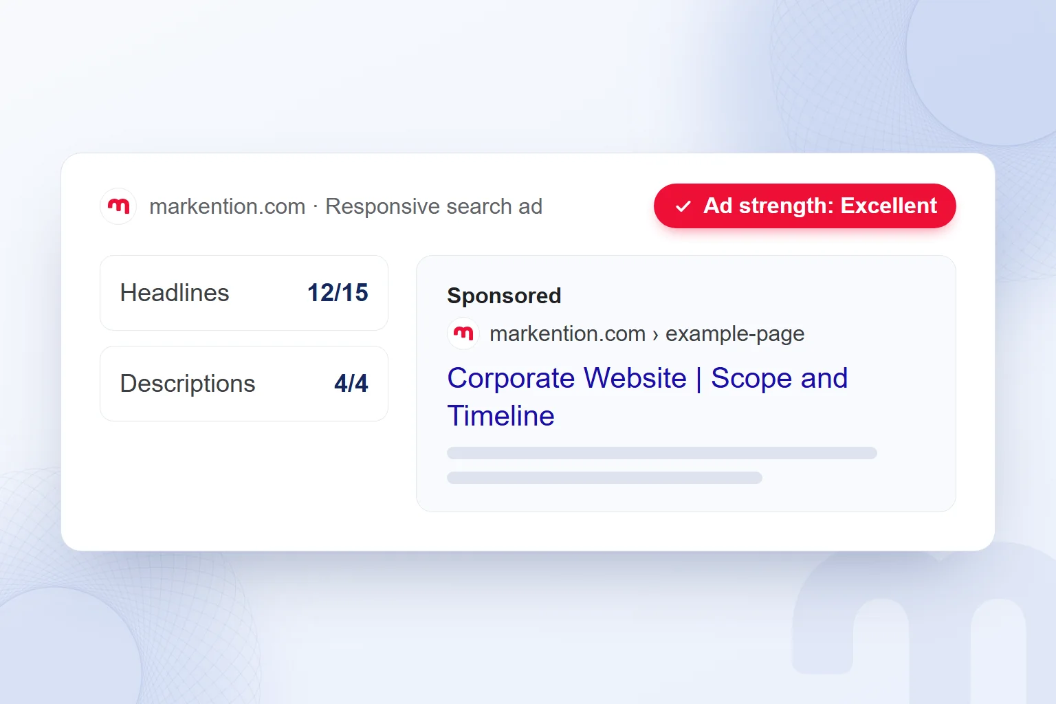 A responsive search ad preview with the ad strength indicator.