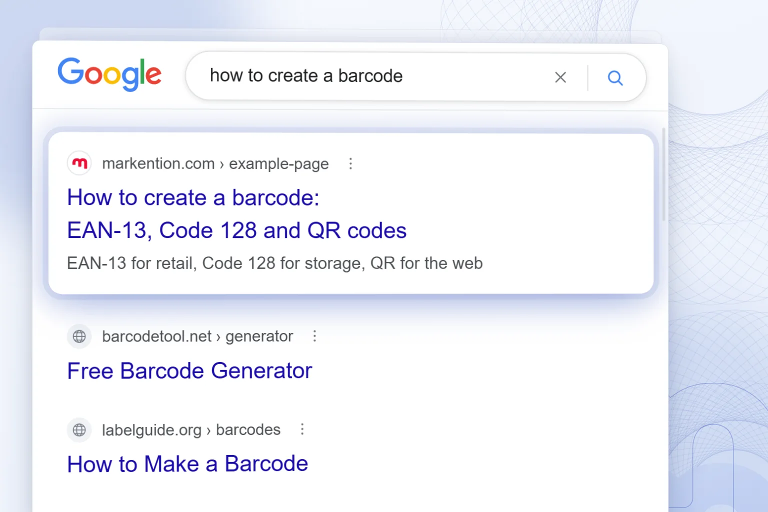 The markention.com result ranking first for “how to create a barcode”, with two generic tool results below it.