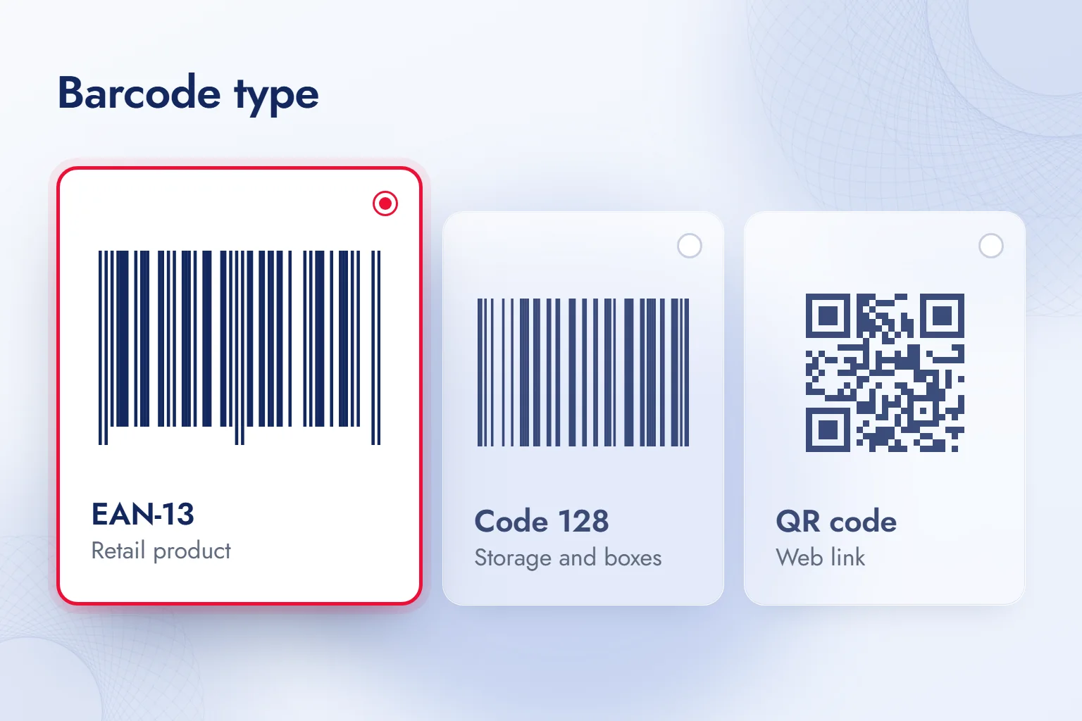 A barcode type selector with EAN-13, Code 128 and QR code options; EAN-13 is selected for a retail product.