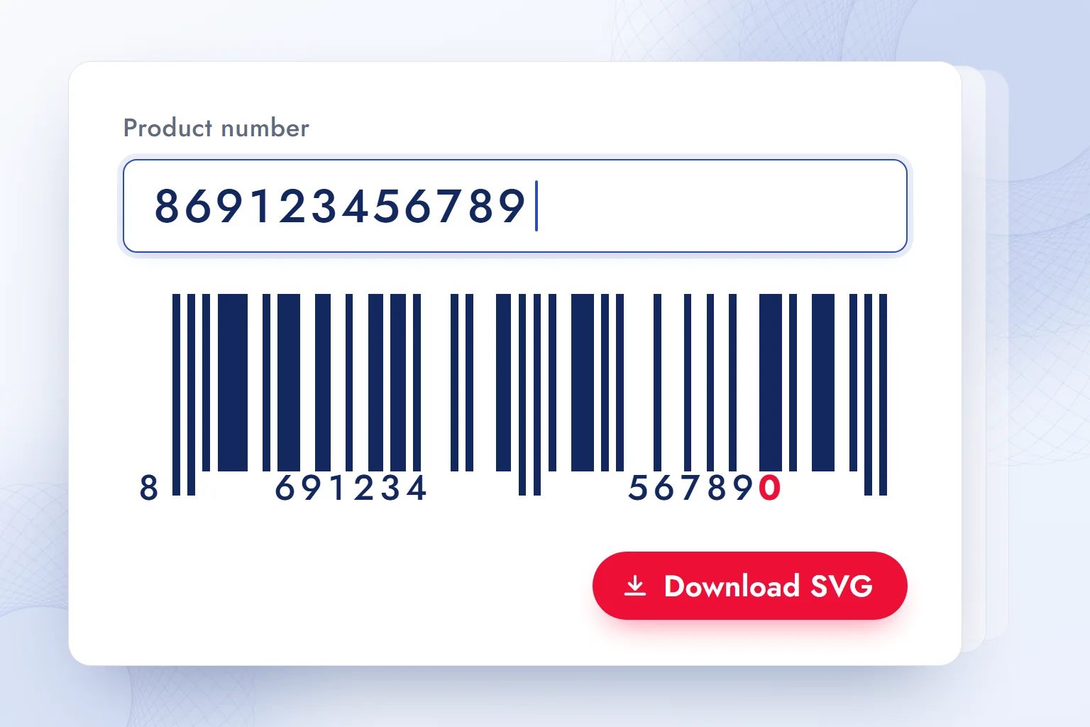 A live EAN-13 preview below 12 digits typed into the product number field, with the calculated check digit in red.