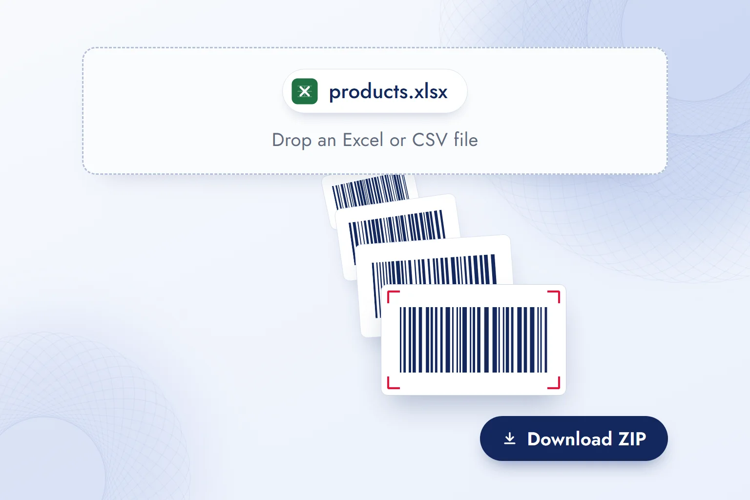 An Excel file dropped onto a bulk generator, with barcode labels spilling out of it.