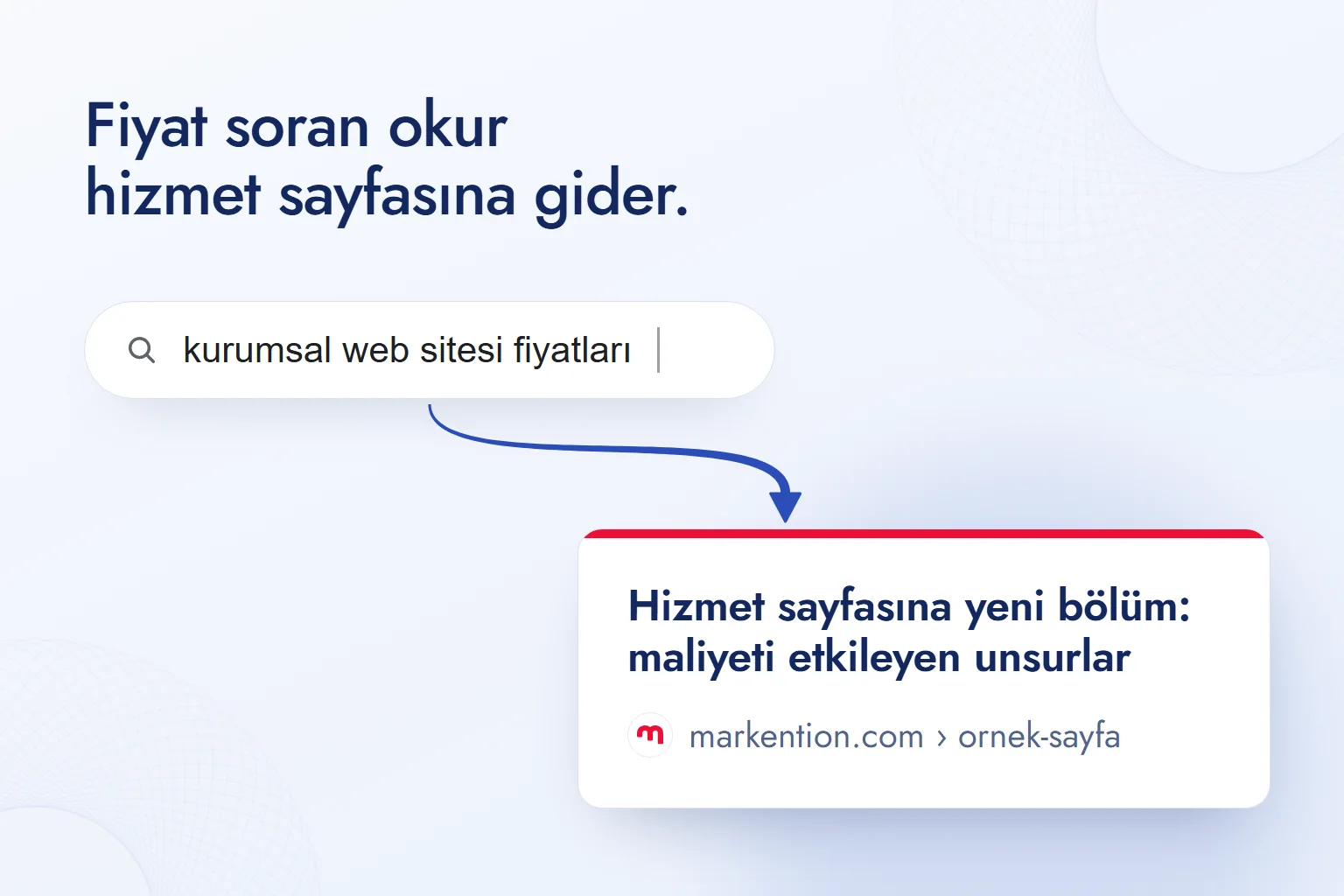 “kurumsal web sitesi fiyatları” sorgusundan tek bir kobalt eğriyle inilen kırmızı şeritli karar kartı: hizmet sayfasına “maliyeti etkileyen unsurlar” bölümü, markention.com › ornek-sayfa.