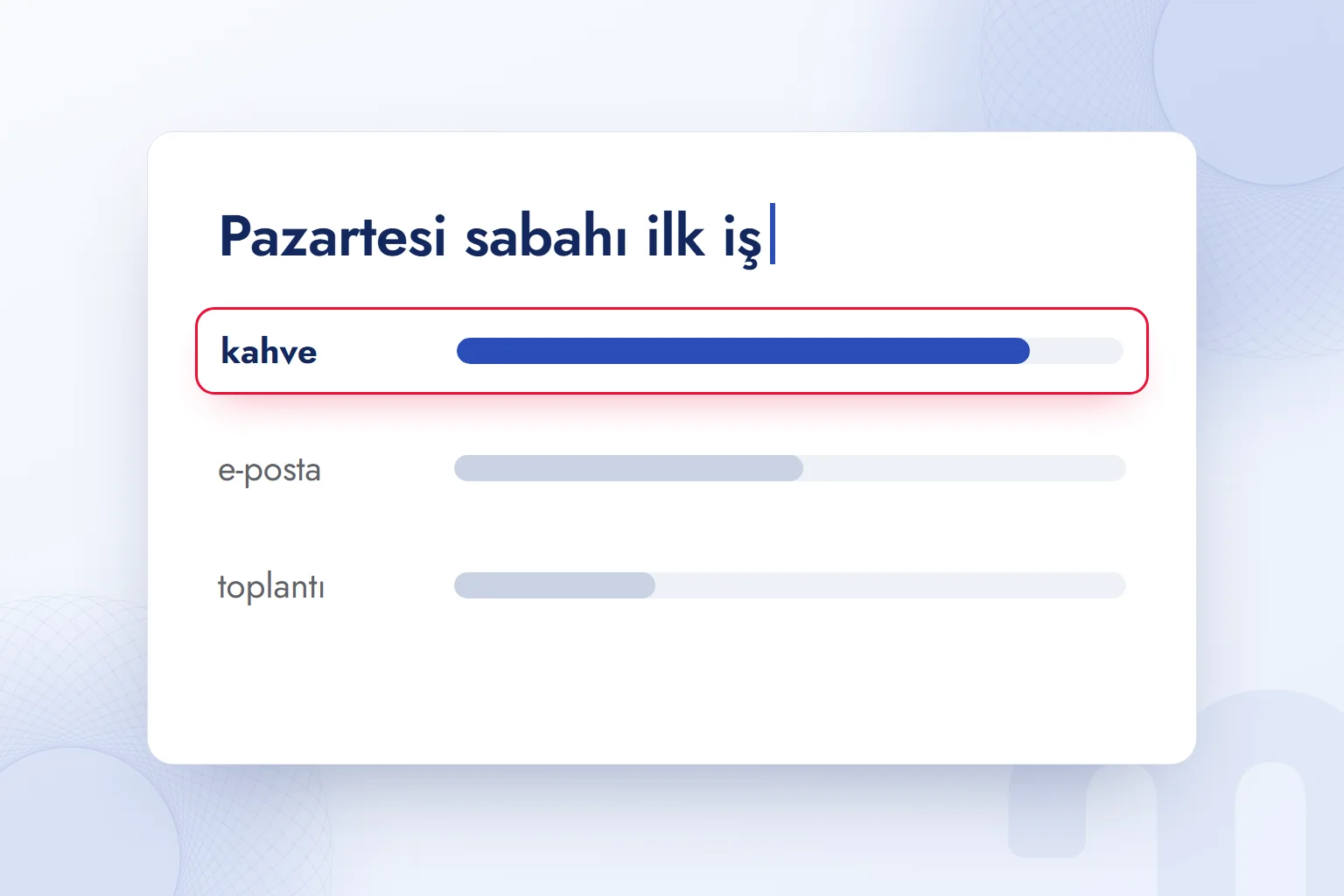 Yarım cümlenin ardından sıradaki sözcük için üç aday; en olası aday seçili.