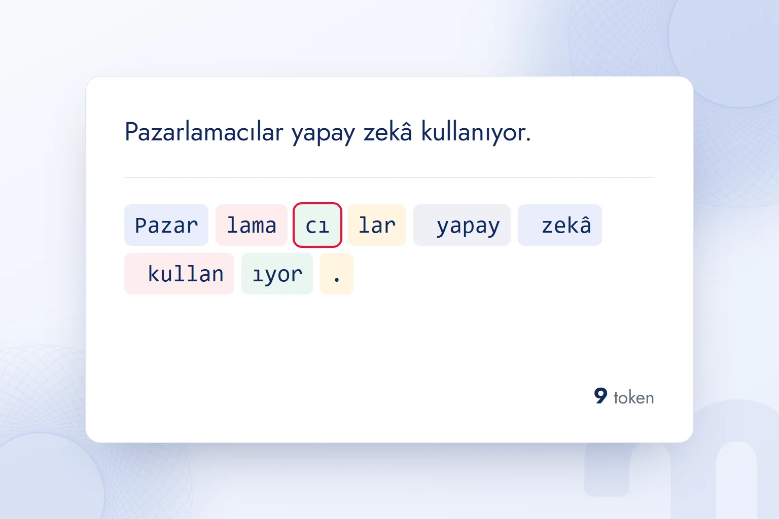 Bir Türkçe cümlenin token parçalarına bölünmüş hali; eklerin ayrı parçalara düştüğü görülüyor.