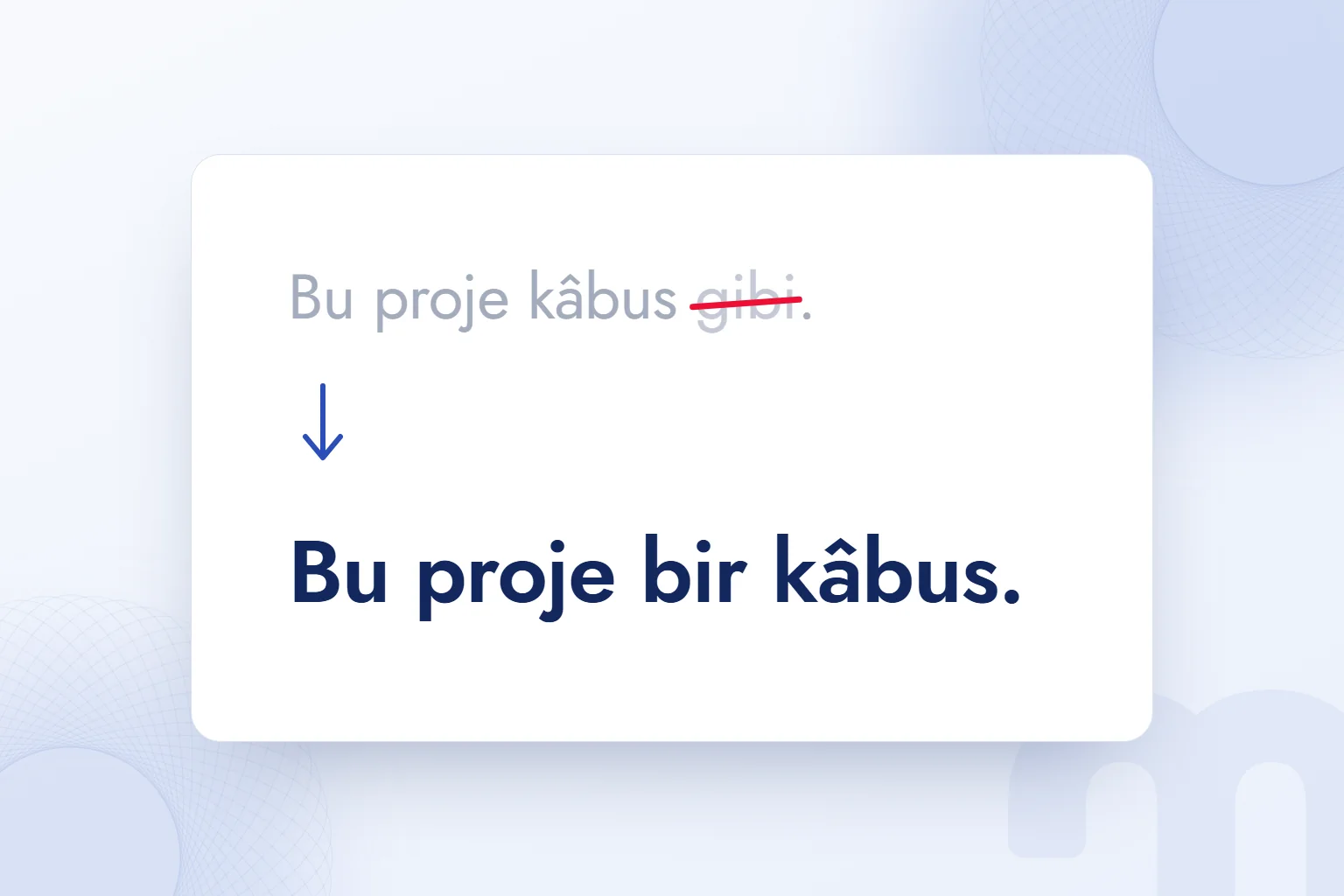 Benzetmeden metafora: “Bu proje kâbus gibi.” cümlesinde “gibi” üstü çizili, altında “Bu proje bir kâbus.”