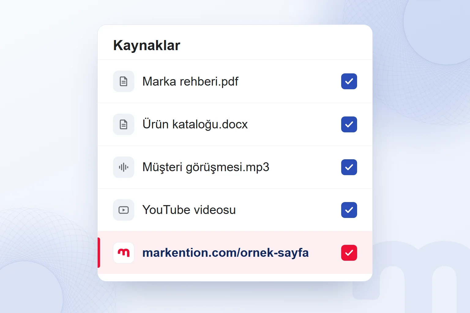 Kaynaklar paneli: PDF, Word, ses dosyası, YouTube videosu ve web adresi seçili.