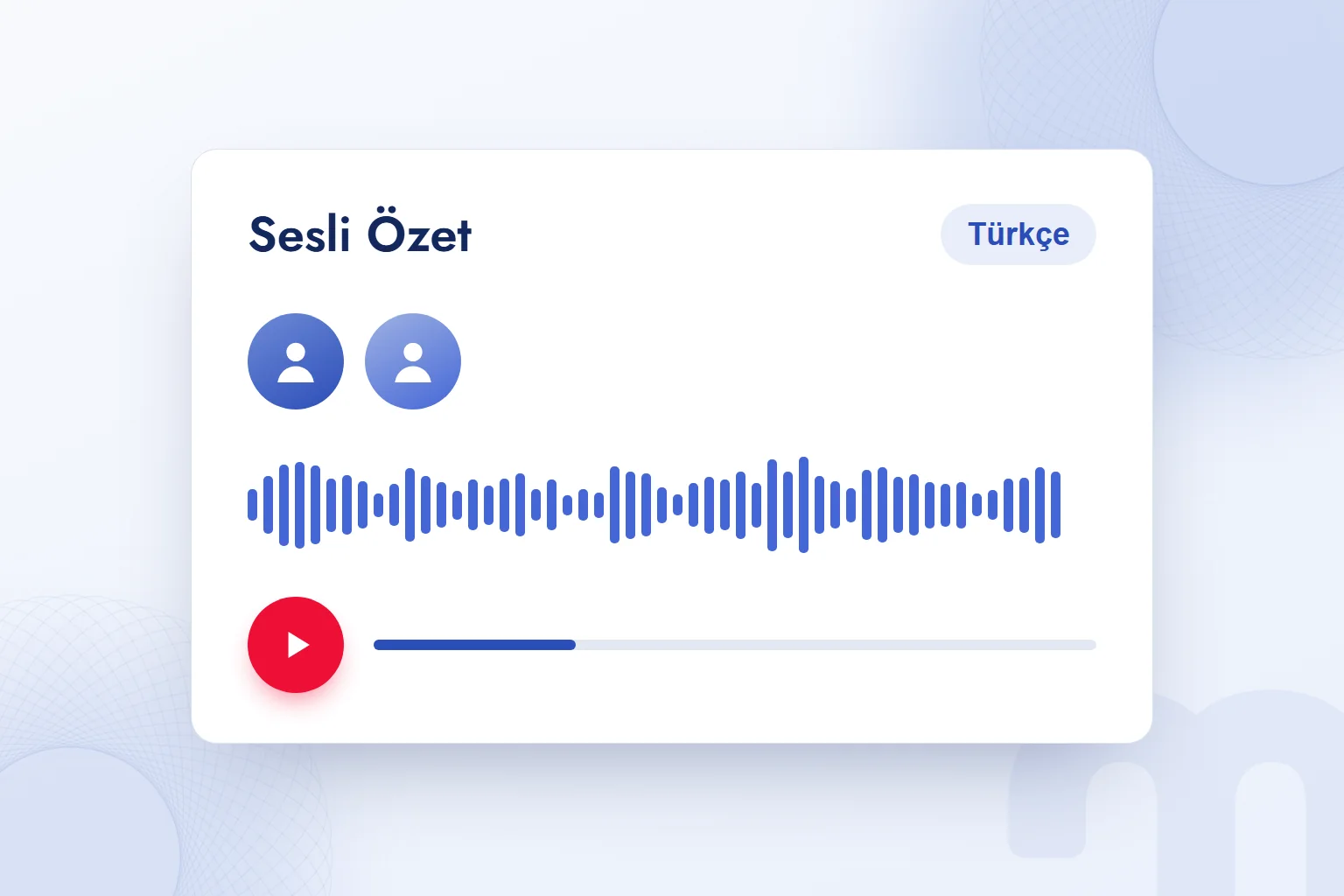Sesli Özet oynatıcısı: iki sunucu, ses dalgası ve Türkçe dil seçimi.