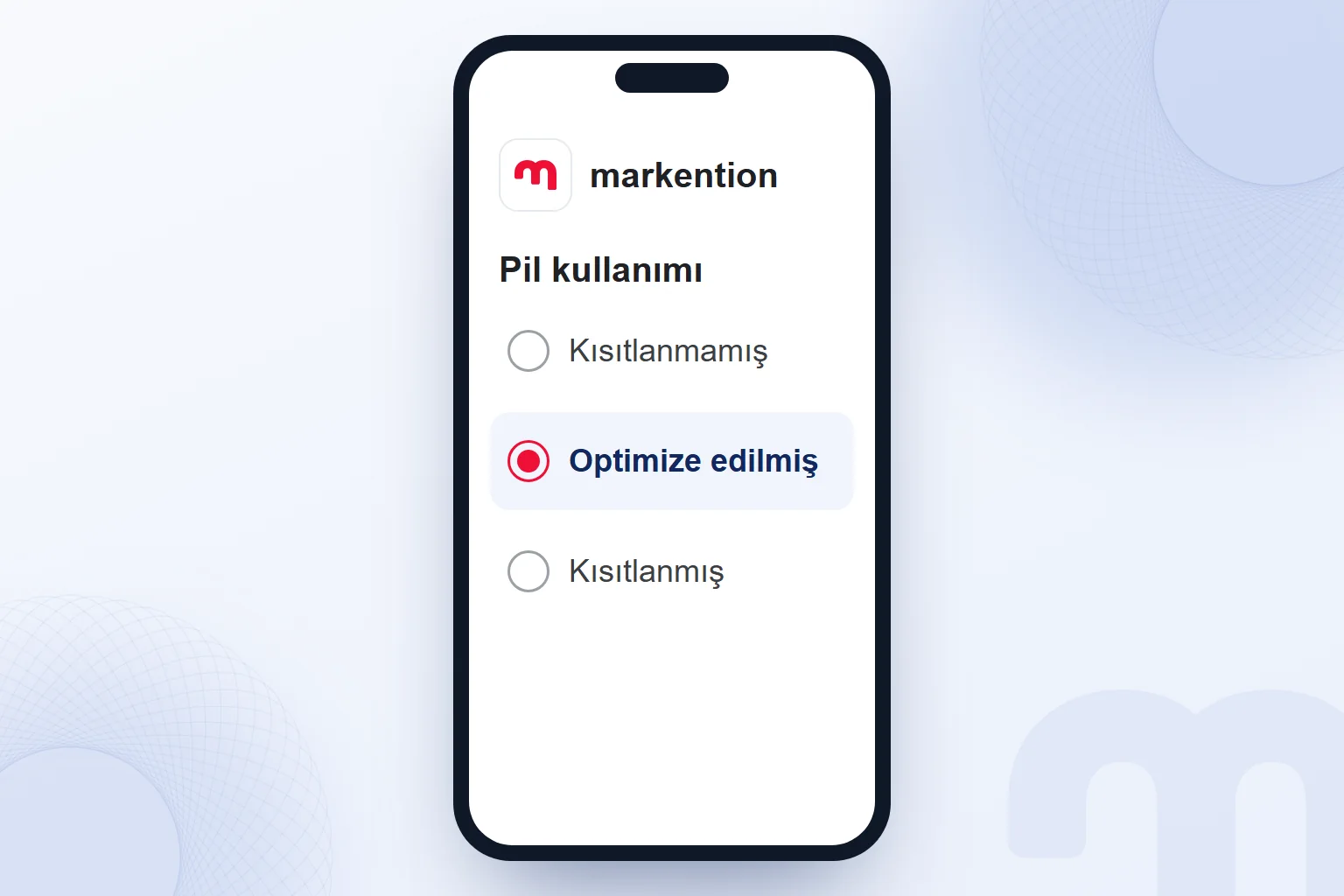 Android pil ayarında uygulama için üç seçenek: Kısıtlanmamış, Optimize edilmiş ve Kısıtlanmış; Optimize edilmiş seçili.