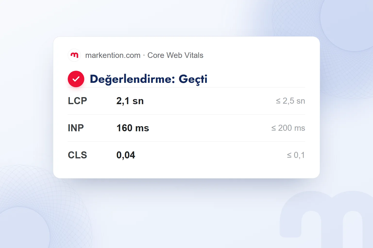 PageSpeed Insights Core Web Vitals kartı: LCP, INP ve CLS değerleri eşiklerin altında, değerlendirme geçti.