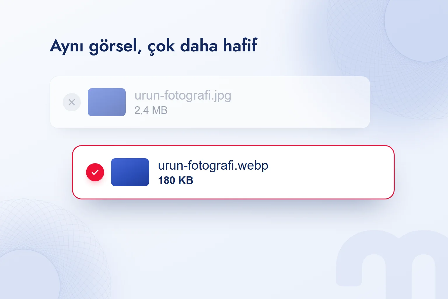 Aynı ürün görseli: sıkıştırılmamış JPG geride, WebP biçiminde küçültülmüş dosya önde.