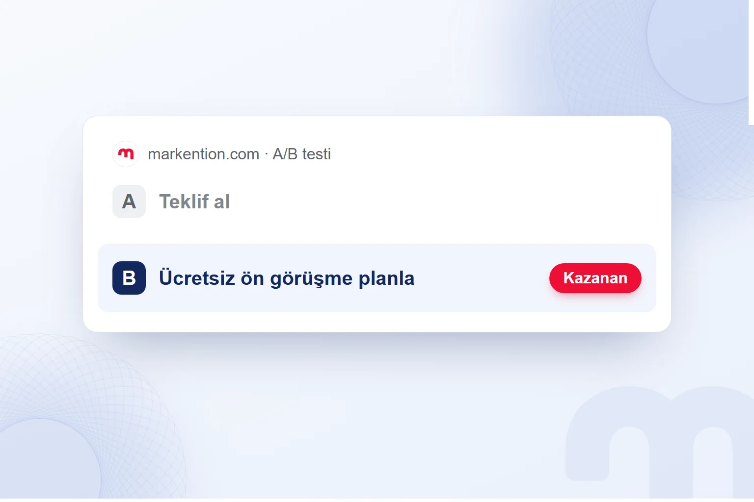 A/B testinde iki düğme metni; “Ücretsiz ön görüşme planla” sürümü kazanan olarak işaretli.