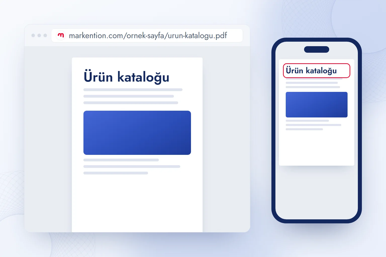 Aynı katalog sayfası masaüstü tarayıcıda ve telefonda; PDF’in sabit görünümü iki ekranda da aynı düzeni koruyor.