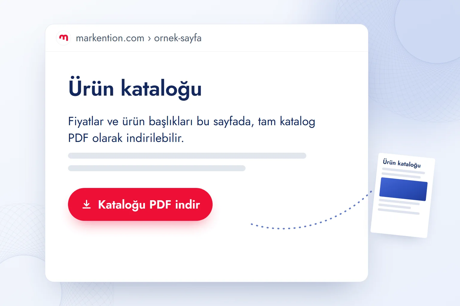 Kataloğun HTML özet sayfası: başlık, kısa metin ve altında kırmızı “Kataloğu PDF indir” düğmesi.